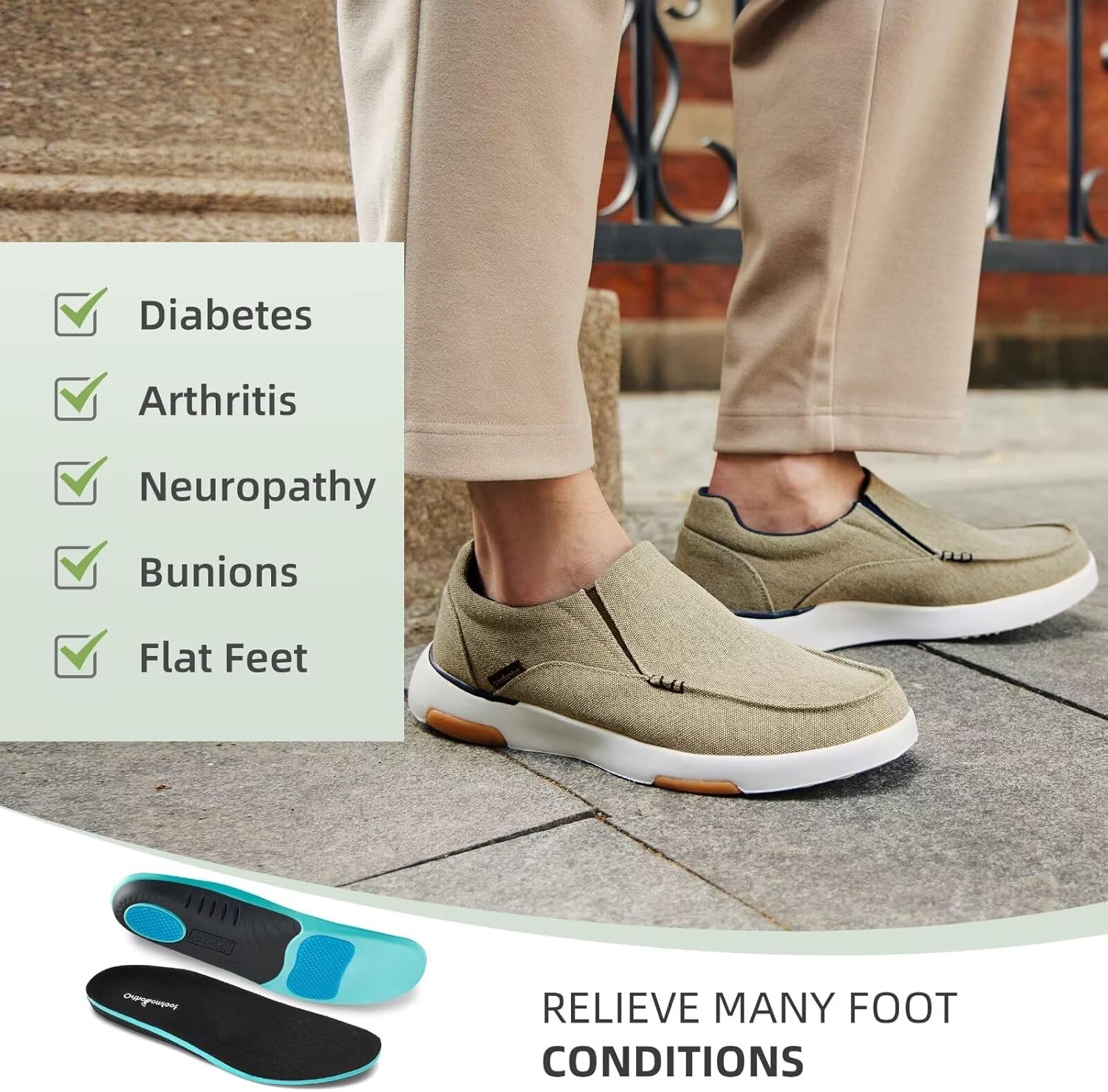 Мужские ортопедические удобные мокасины OrthoComfoot с поддержкой свода стопы, ортопедические лоферы при подошвенном фасците, повседневные винтажные прогулочные туфли из ткани для облегчения боли в стопе и пятке, хаки — фото 4