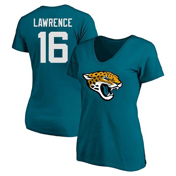 

Футболка с v-образным вырезом Jacksonville Jaguars с именем и номером Trevor Lawrence в цвете teal, plus size Fanatics