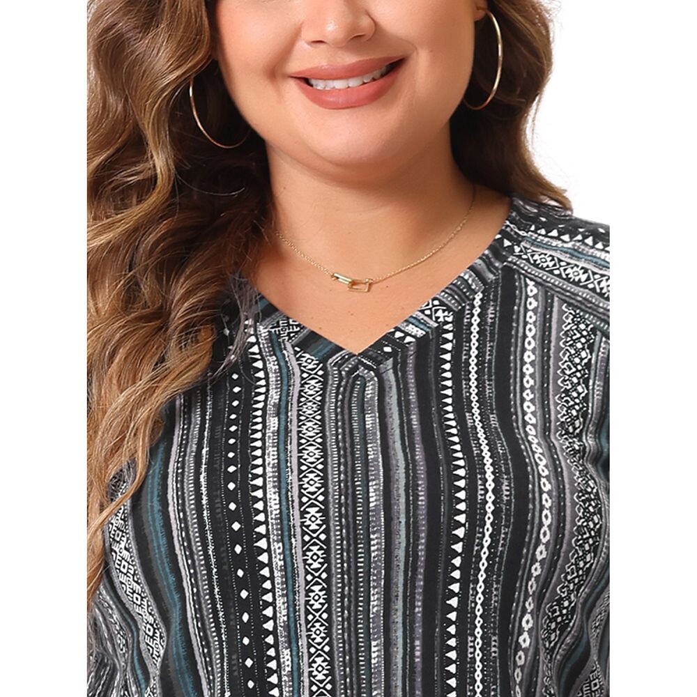 Топы больших размеров для женщин, V-образный вырез, вязаная блузка с рукавами 3/4, футболка в полоску, топы в стиле бохо Agnes Orinda, цвет Navy Blue — фото 4