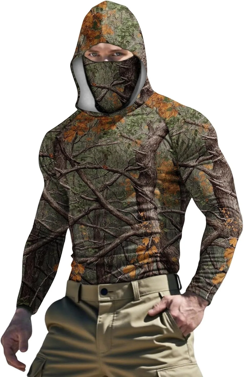 

Футболка для рыбалки с капюшоном и маской, камуфляжная, с защитой от солнца