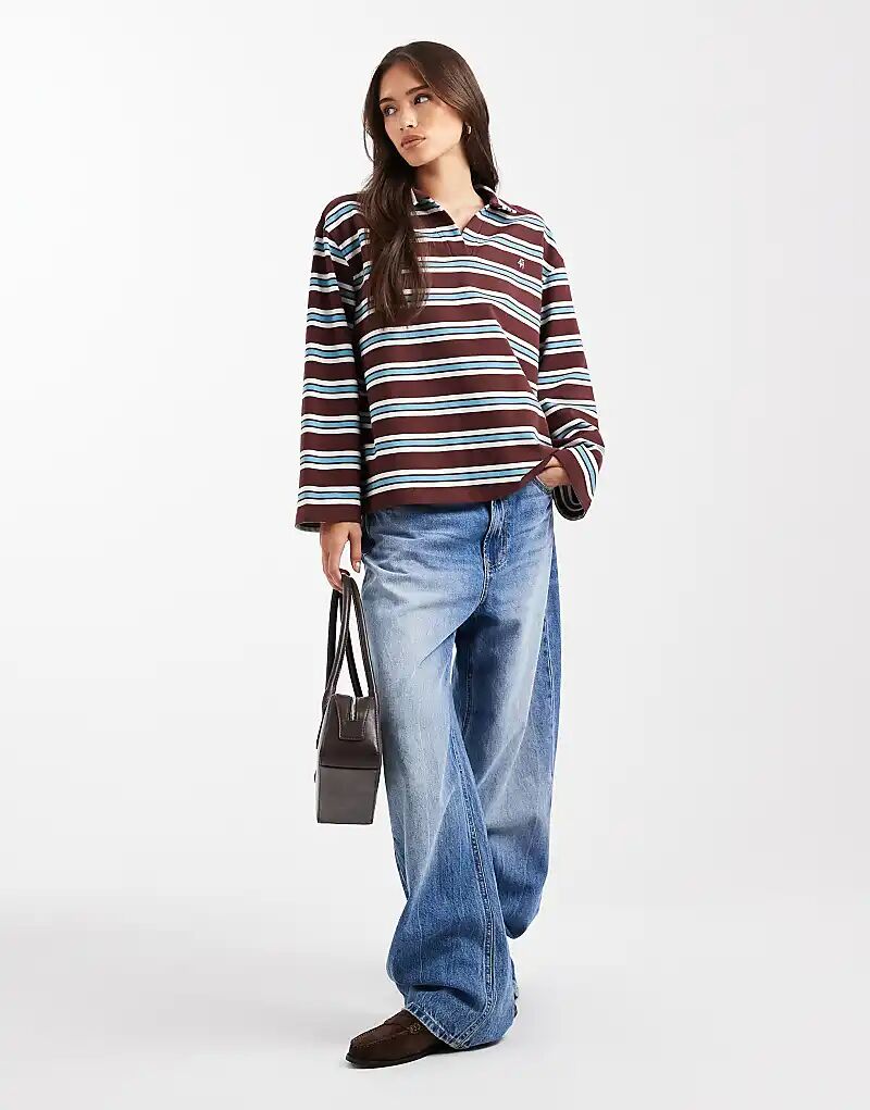 

Регбийный топ 4th & Reckless из хлопка с воротником и широкими рукавами, шоколадного и синего цветов в полоску