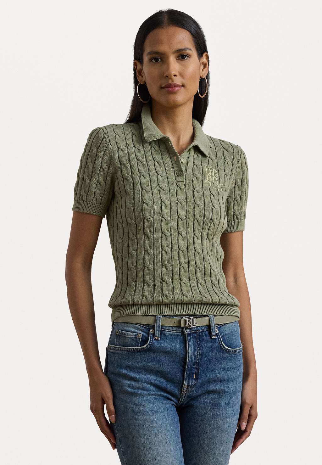 

Рубашка поло CABLE KNIT COTTON POLO SWEATER Lauren Ralph Lauren Petite, светло-зеленый