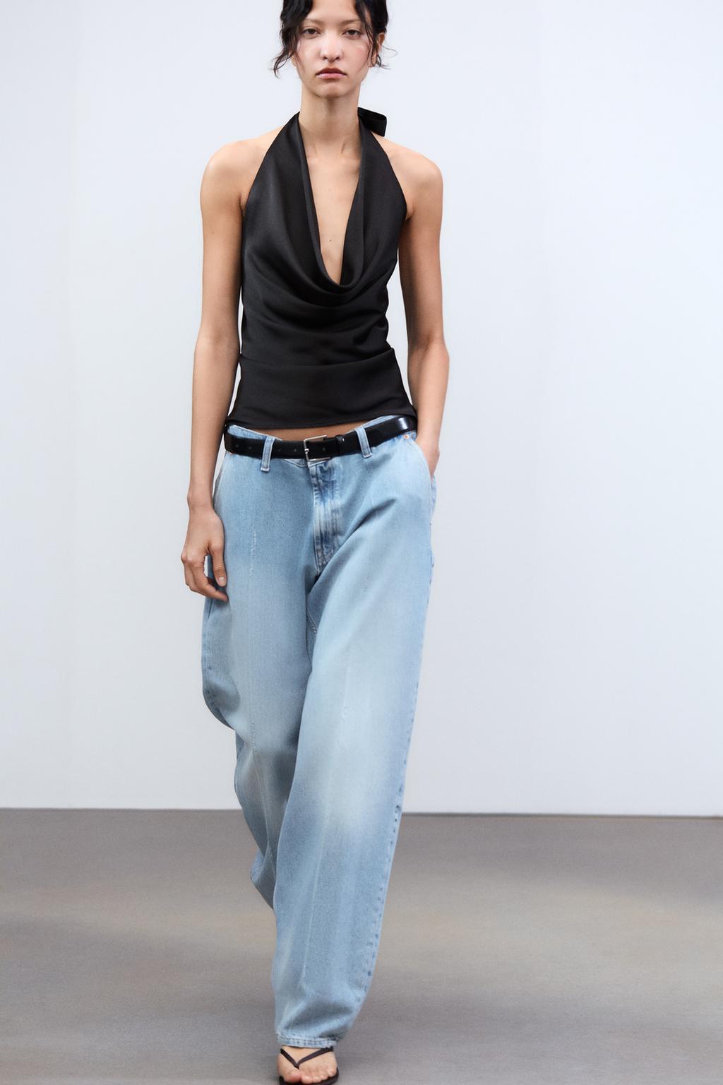 

Атласный топ на бретельках ZARA, черный