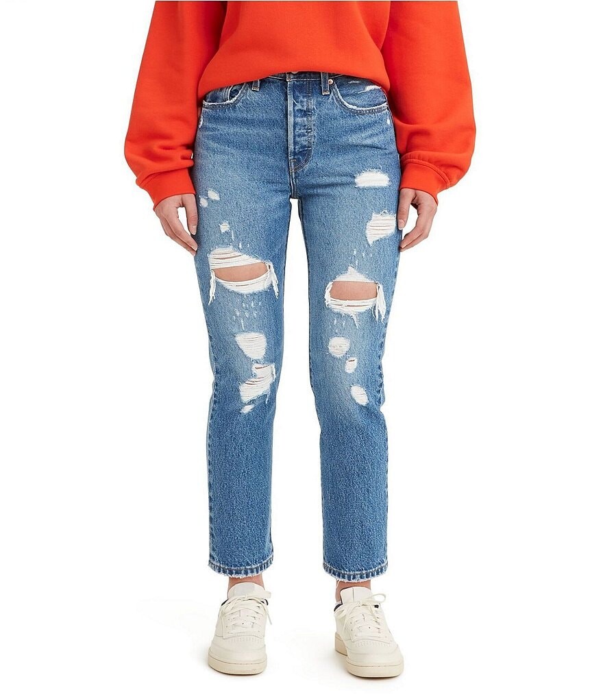 

Укороченные прямые джинсы скинни Levi's 501 с высокой посадкой и потертостями, синий