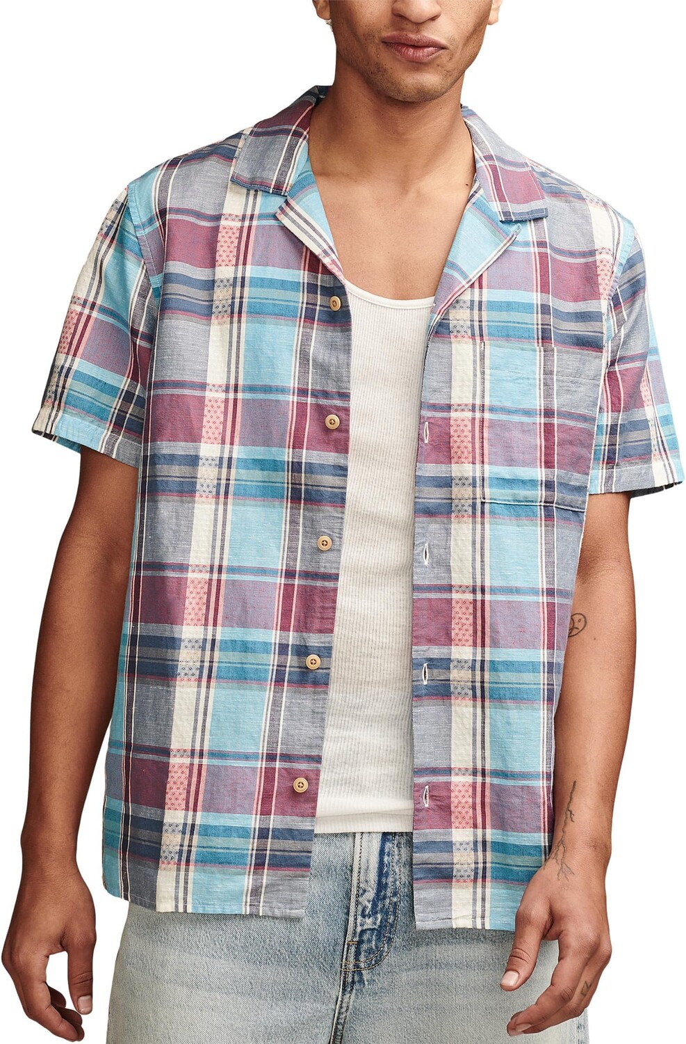 

Рубашка Lucky Brand Plaid Linen Camp Shirt, цвет Blue/Red