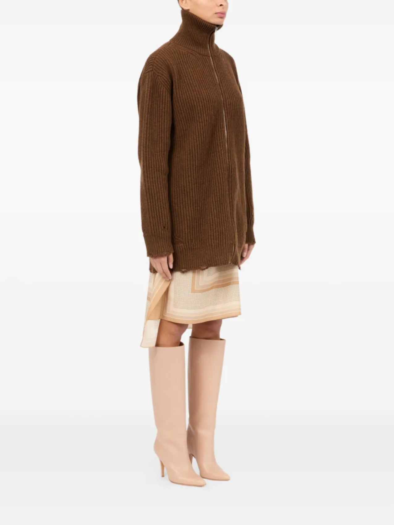 Кардиган с застежкой-молнией в рубчик MM6 Maison Margiela, коричневый — фото 3
