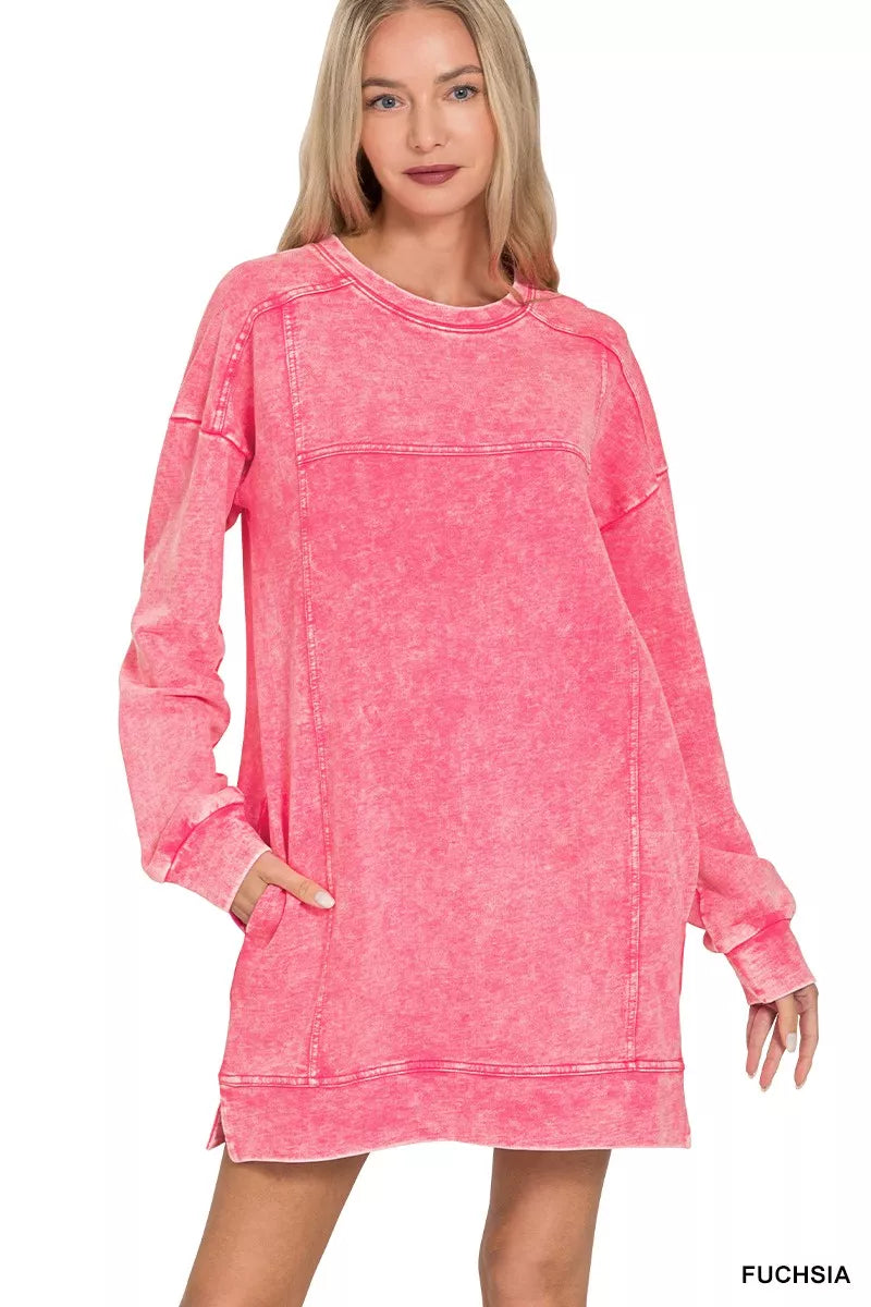 

Платье из французского махрового трикотажа с эффектом кислотной стирки и карманами TRUEDAMES, фуксия