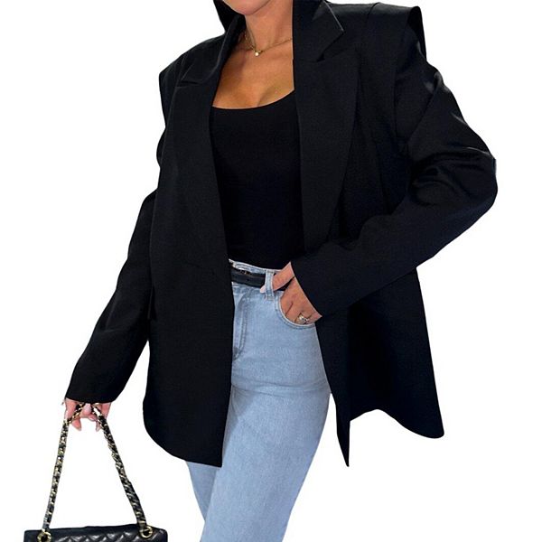 

Женский однотонный оверсайз блейзер с лацканами и длинными рукавами для повседневной носки Clearflower, Black