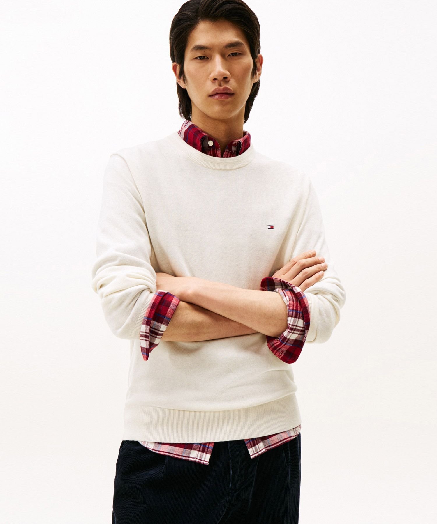 Свитер с круглым вырезом из хлопка, шелка и кашемира TOMMY HILFIGER, White Z00