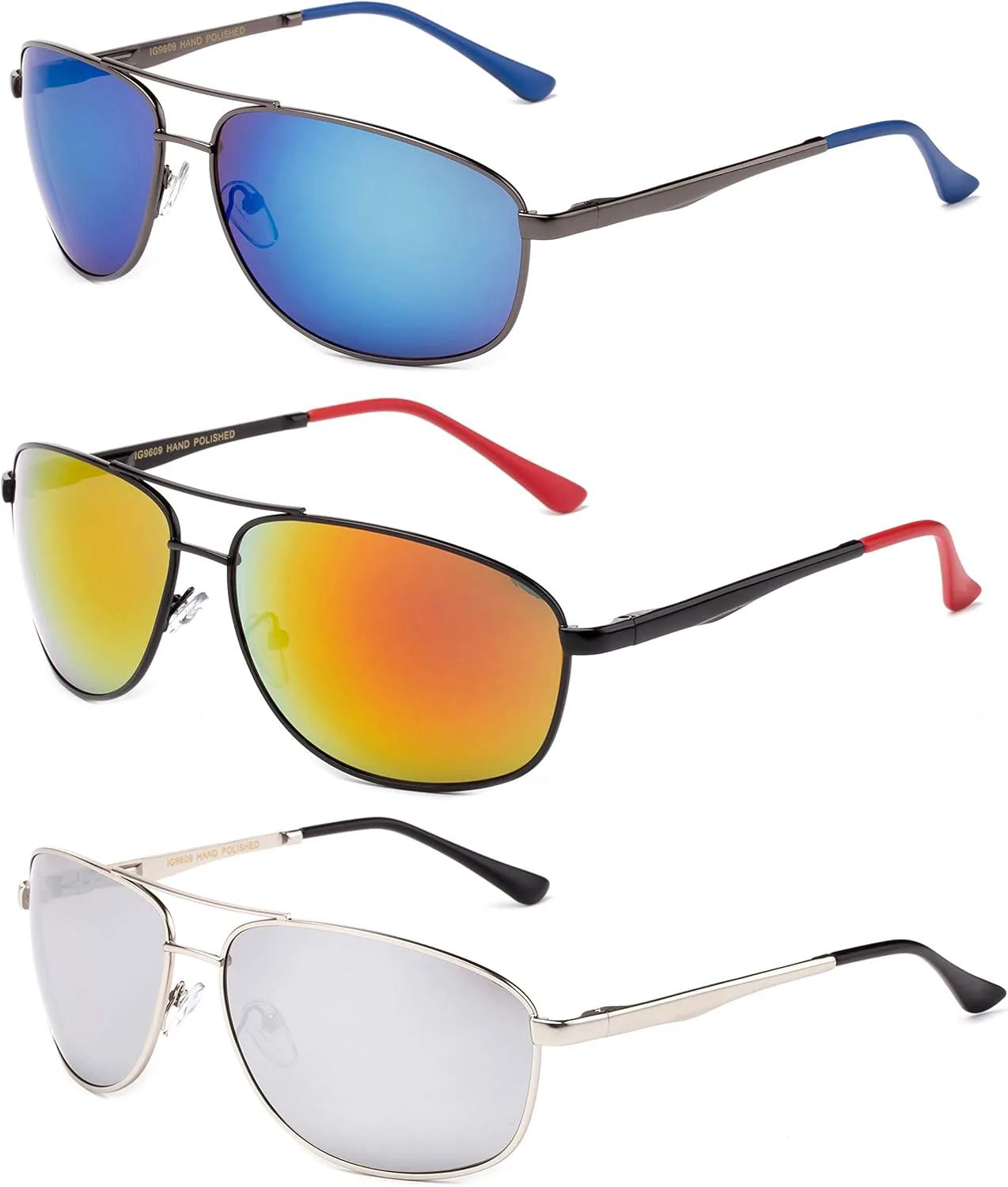 

Спортивные солнцезащитные очки Newbee Fashion в металлической оправе с пружинными шарнирами, комплект из 3 пар, для мужчин и женщин, 3 Pack Blue, Orange & Mirror