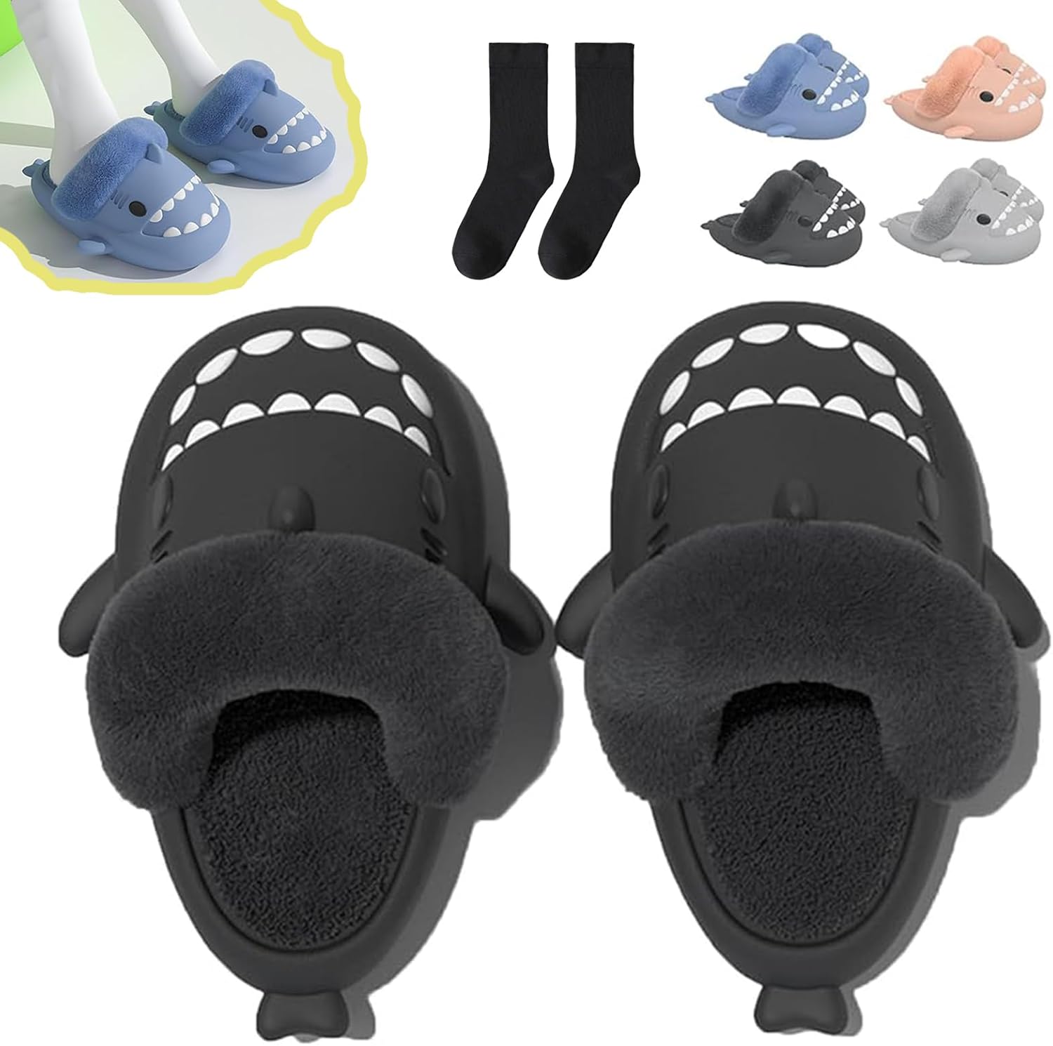 

Зимние тапочки в виде акулы, тапочки с акулой со съемной плюшевой подкладкой, теплые зимние плюшевые удобные нескользящие шлепанцы Generic, черный