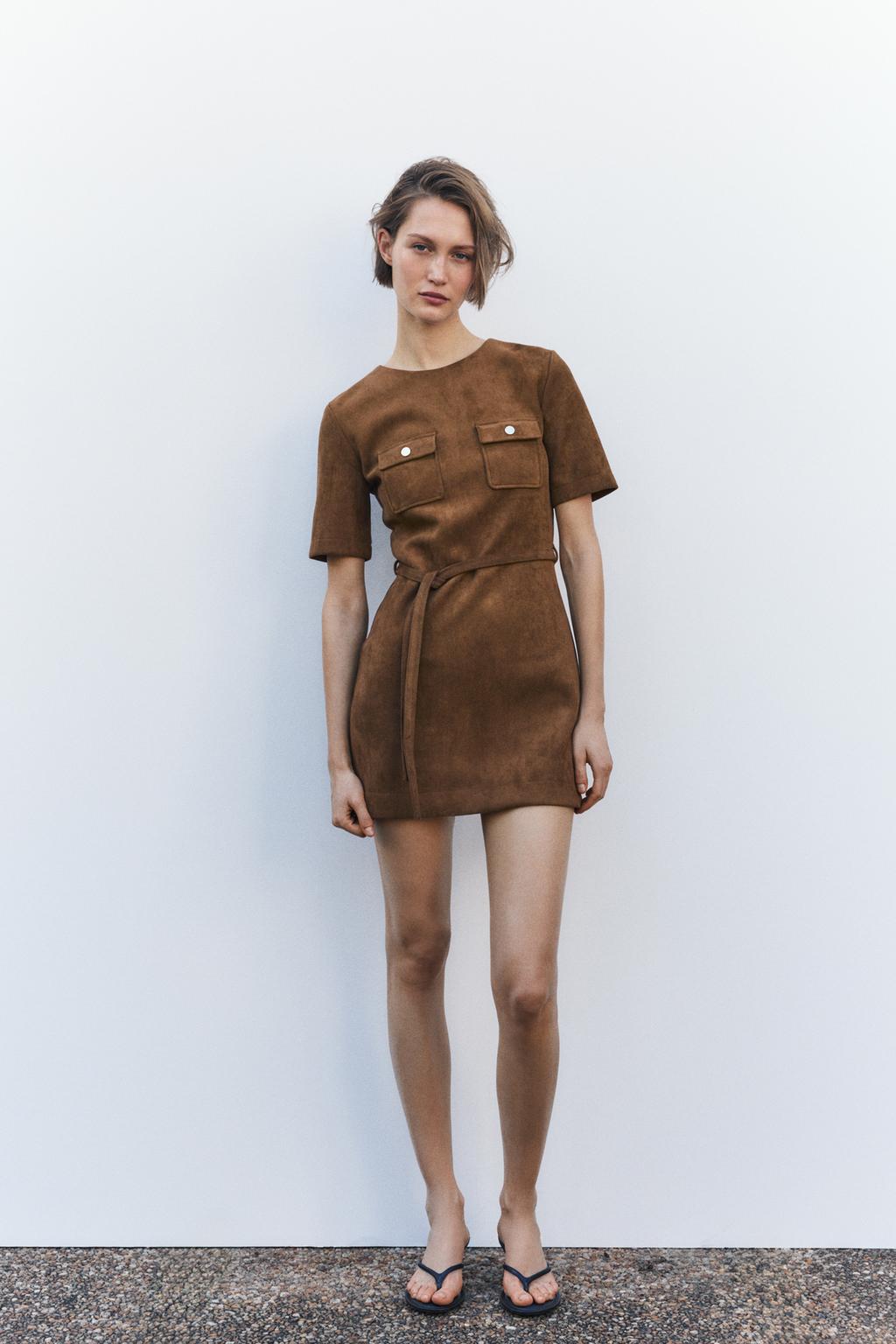 

Платье с поясом из замши ZARA, цвет Tobacco Brown