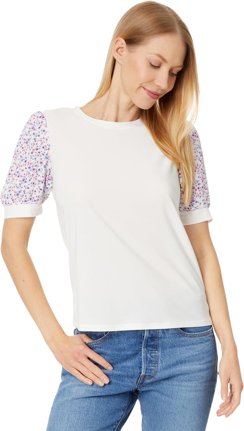

Топ CeCe Crew Neck Mixed Media Short Sleeve Top, цвет New Ivory