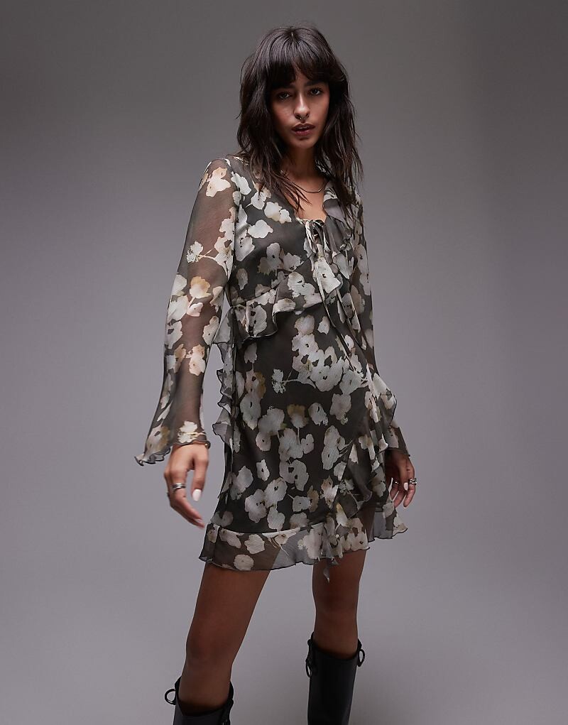 

Topshop – мини-платье с рюшами и длинными рукавами с акварельным цветочным узором