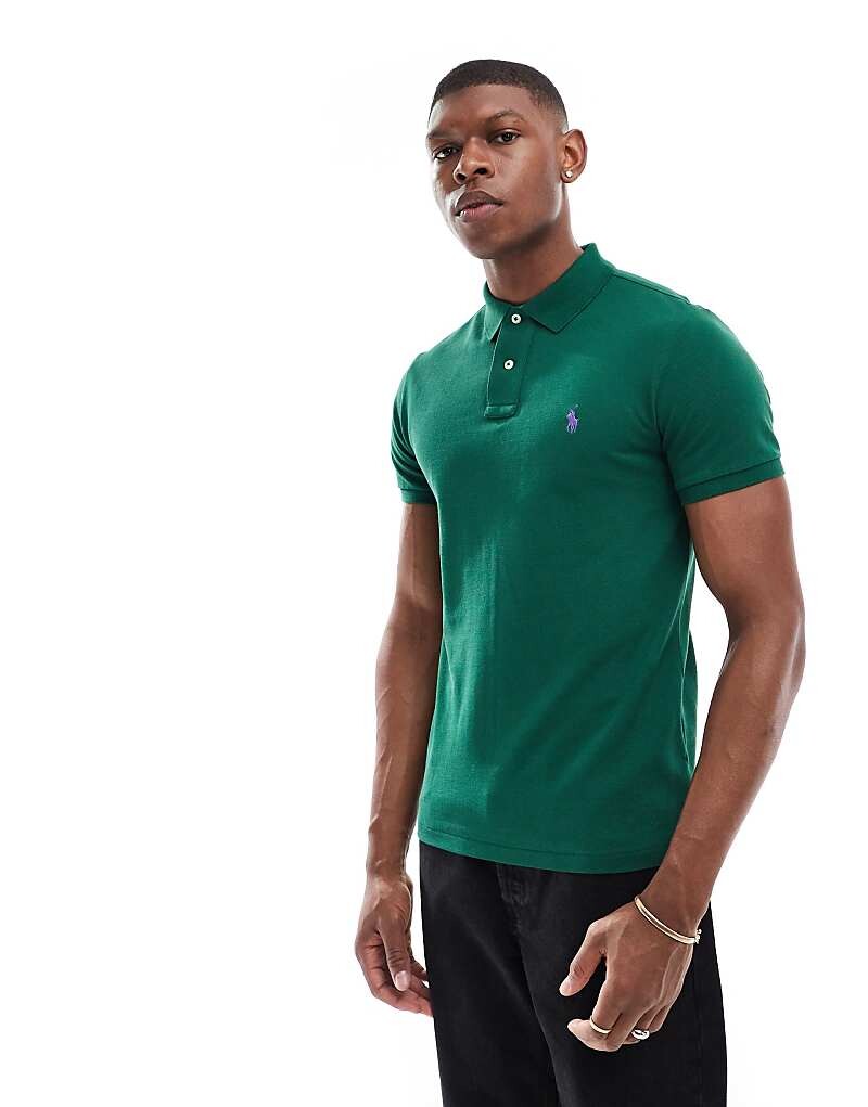 

Темно-зеленое узкое поло из пике с логотипом Polo Ralph Lauren