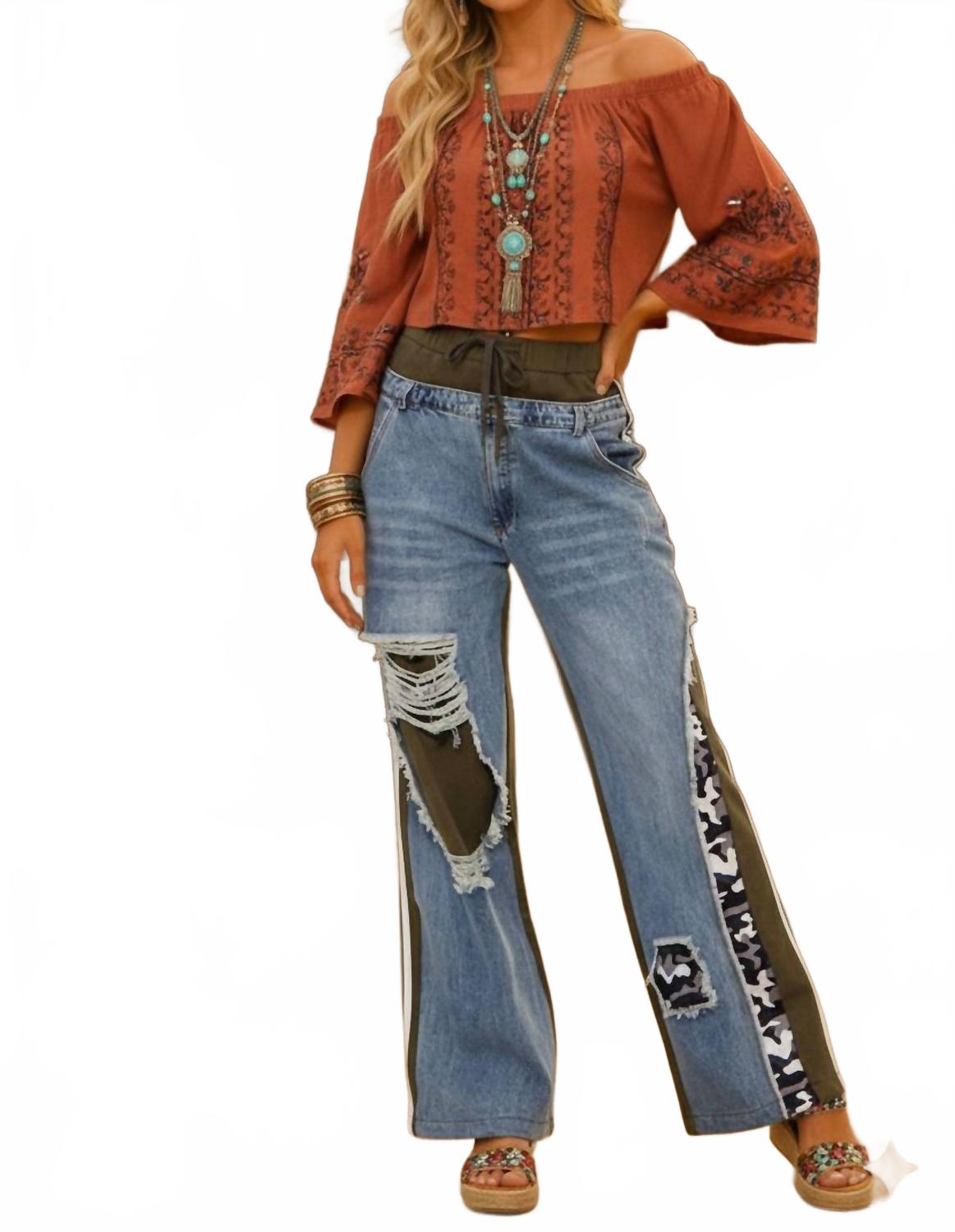 

Брюки в стиле бохо с эластичным поясом, карманами и широкими штанинами, из джинсовой ткани с камуфляжным принтом Little Secret Of Mine, camouflage print denim