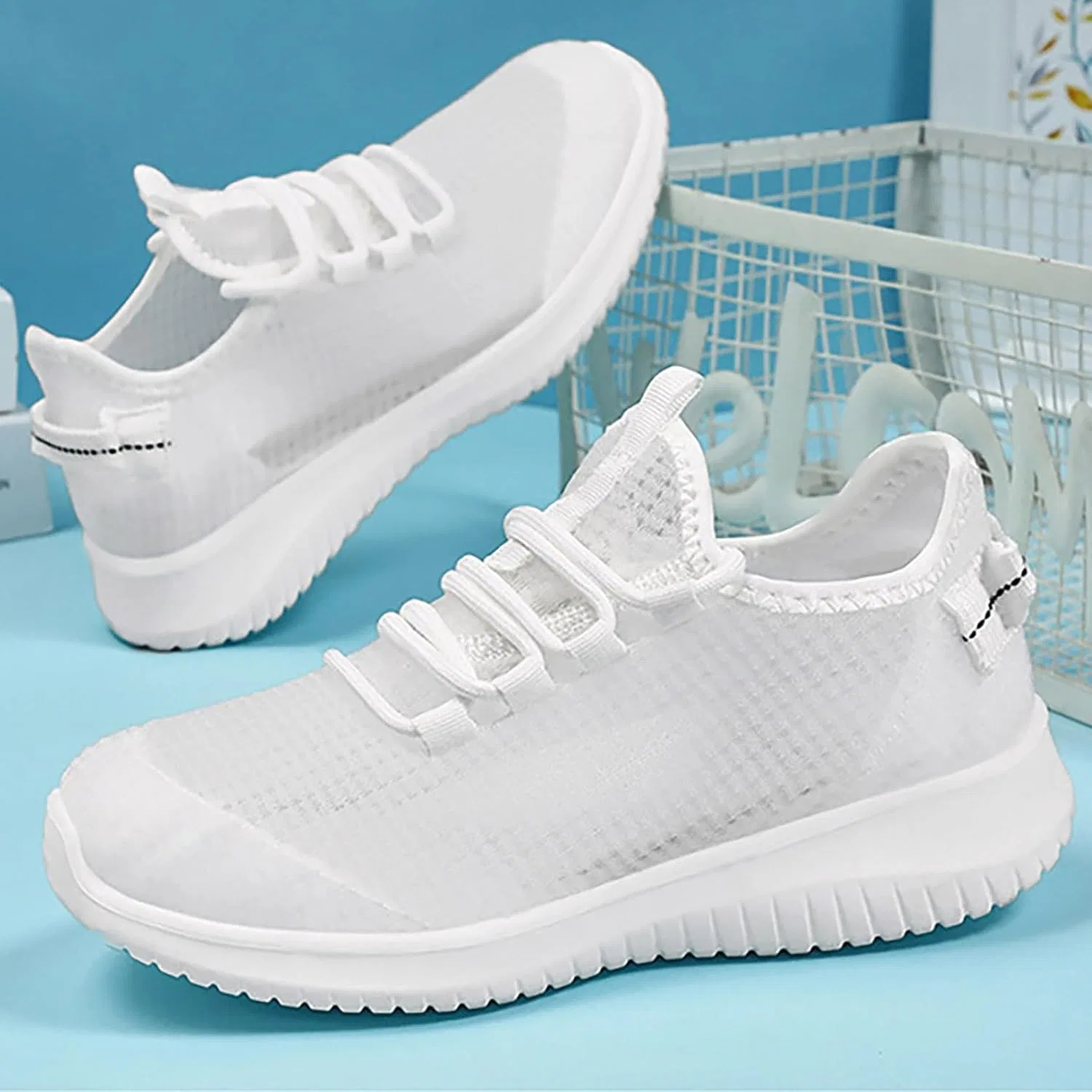 Женские летние легкие сетчатые спортивные кроссовки Fly Woven, дышащие и удобные, на шнуровке, повседневная обувь и ботинки для мужчин Generisch, White — фото 4