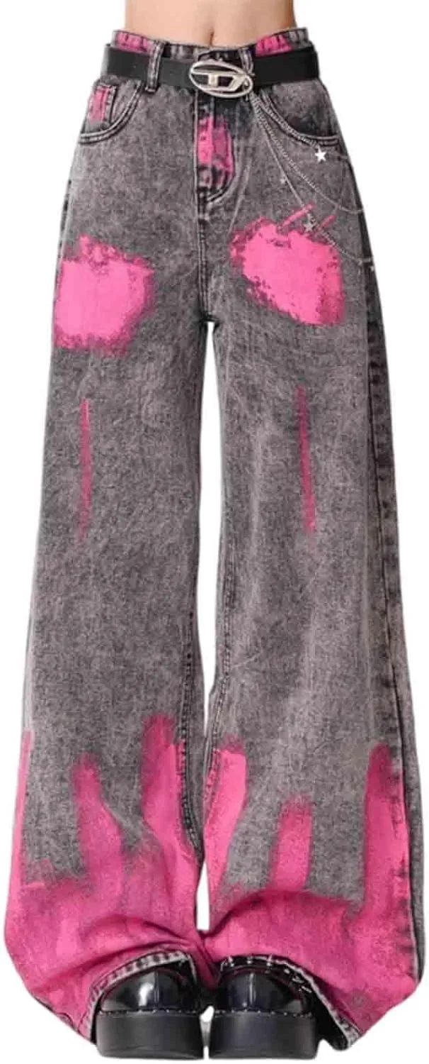 

BXCNCKD женские джинсы прямого кроя с граффити принтом, высокая посадка