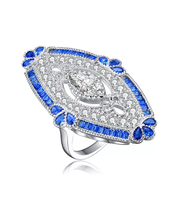 

Коктейльное кольцо из стерлингового серебра с позолотой в форме багета и кубическими цирконами Genevive, blue