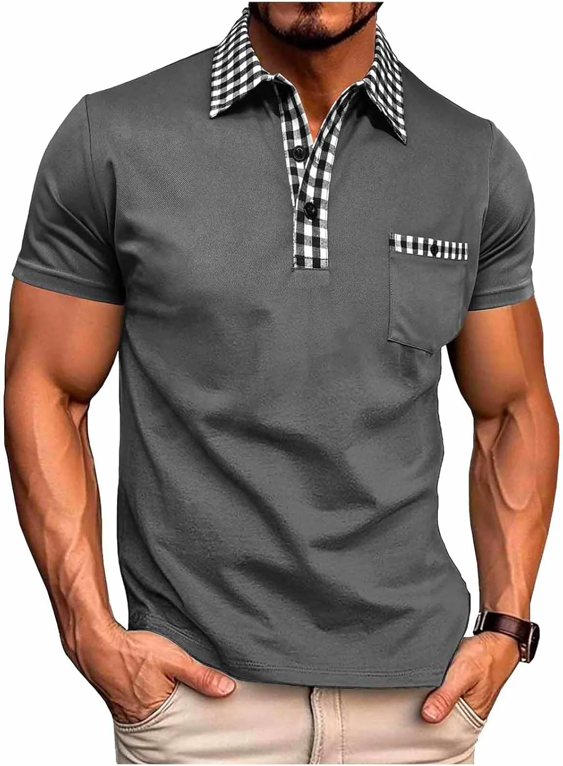 

Мужская летняя футболка с коротким рукавом, клетка, цветной блок, карман kuweot