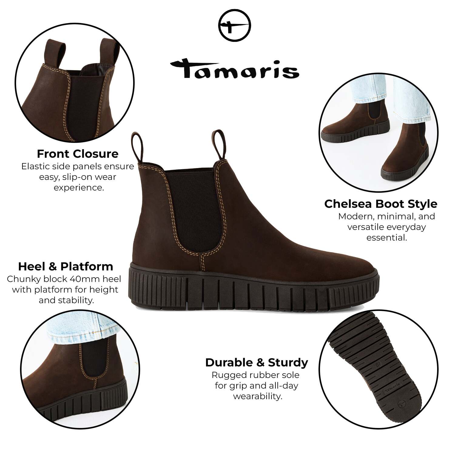 Женские коричневые кожаные ботильоны челси Tamaris TMRS — фото 2