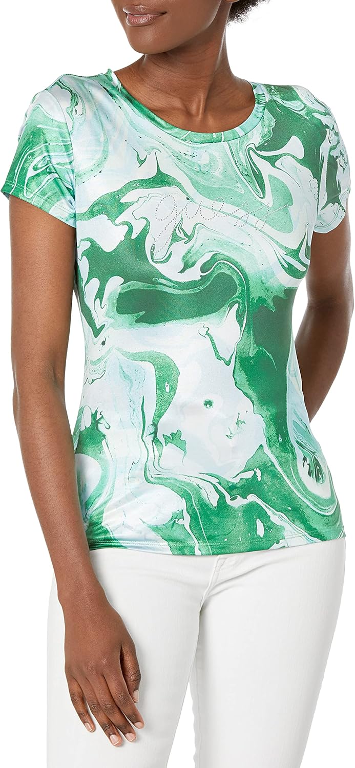 

GUESS Женская Футболка с Коротким Рукавом Crystal Marble, Water Marble Print, Синий, GUESS Женская Футболка с Коротким Рукавом Crystal Marble, Water Marble Print