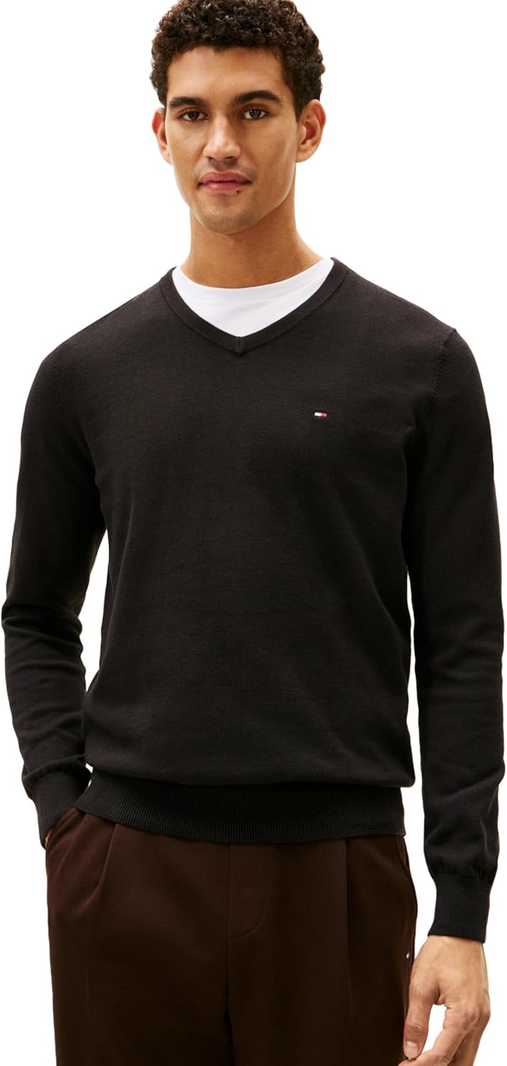 

Мужской свитер Tommy Hilfiger Essential из хлопка с длинным рукавом и V-образным вырезом, Deep Knit Black