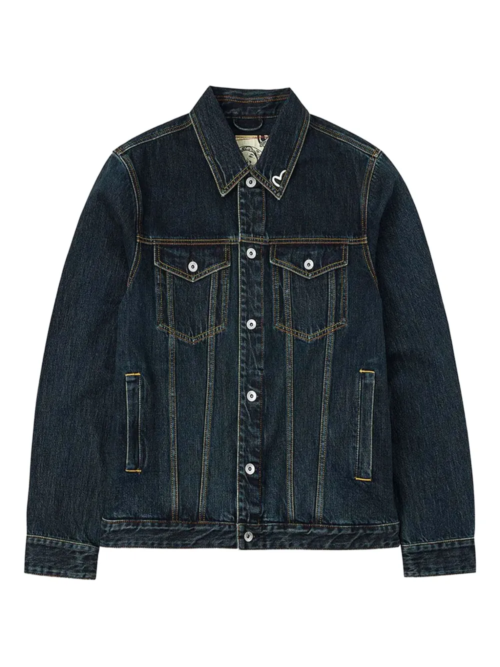 

Джинсовая куртка с застежкой на пуговицы и принтом в виде мазков кисти Evisu, синий