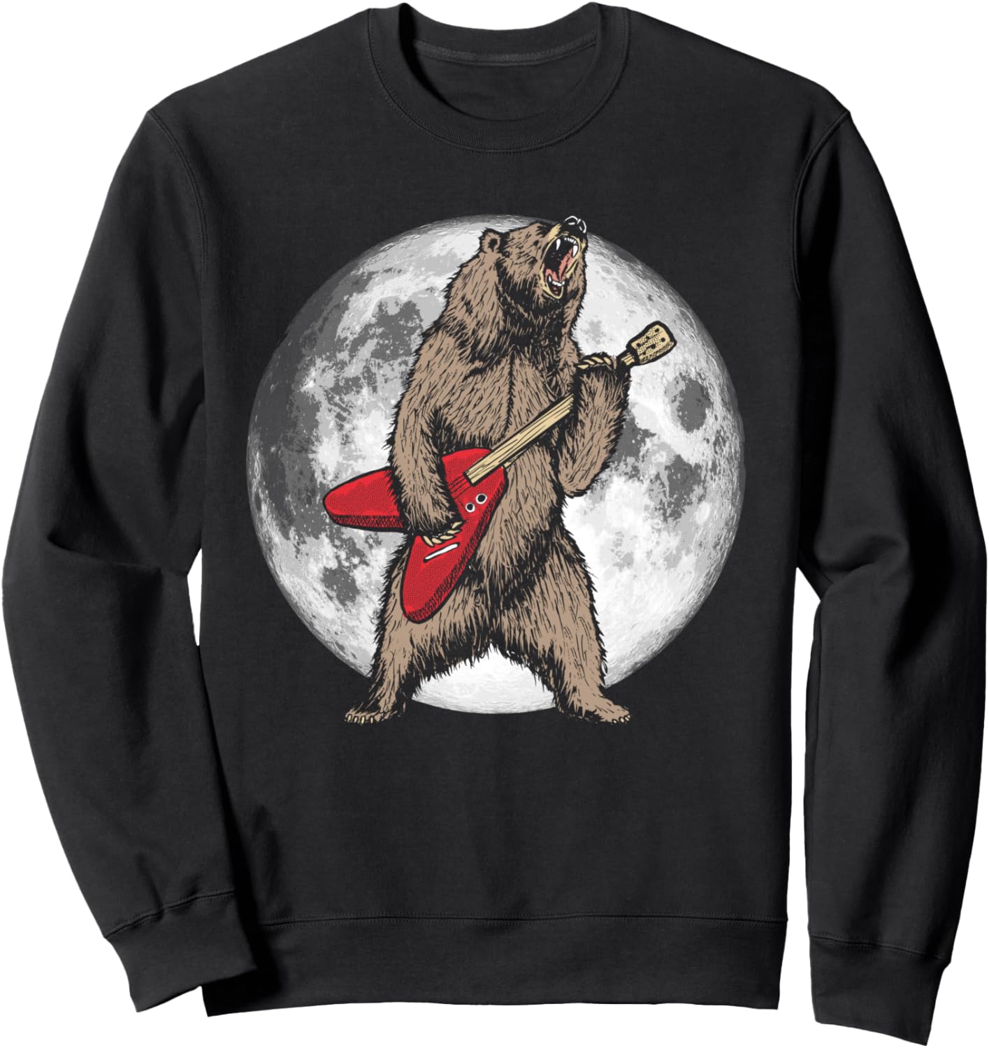 

Толстовка с изображением рычащего медведя гризли и луны в стиле 80-х с электрогитарой The Robot Ranger - Fun Apparel & Gifts, черный