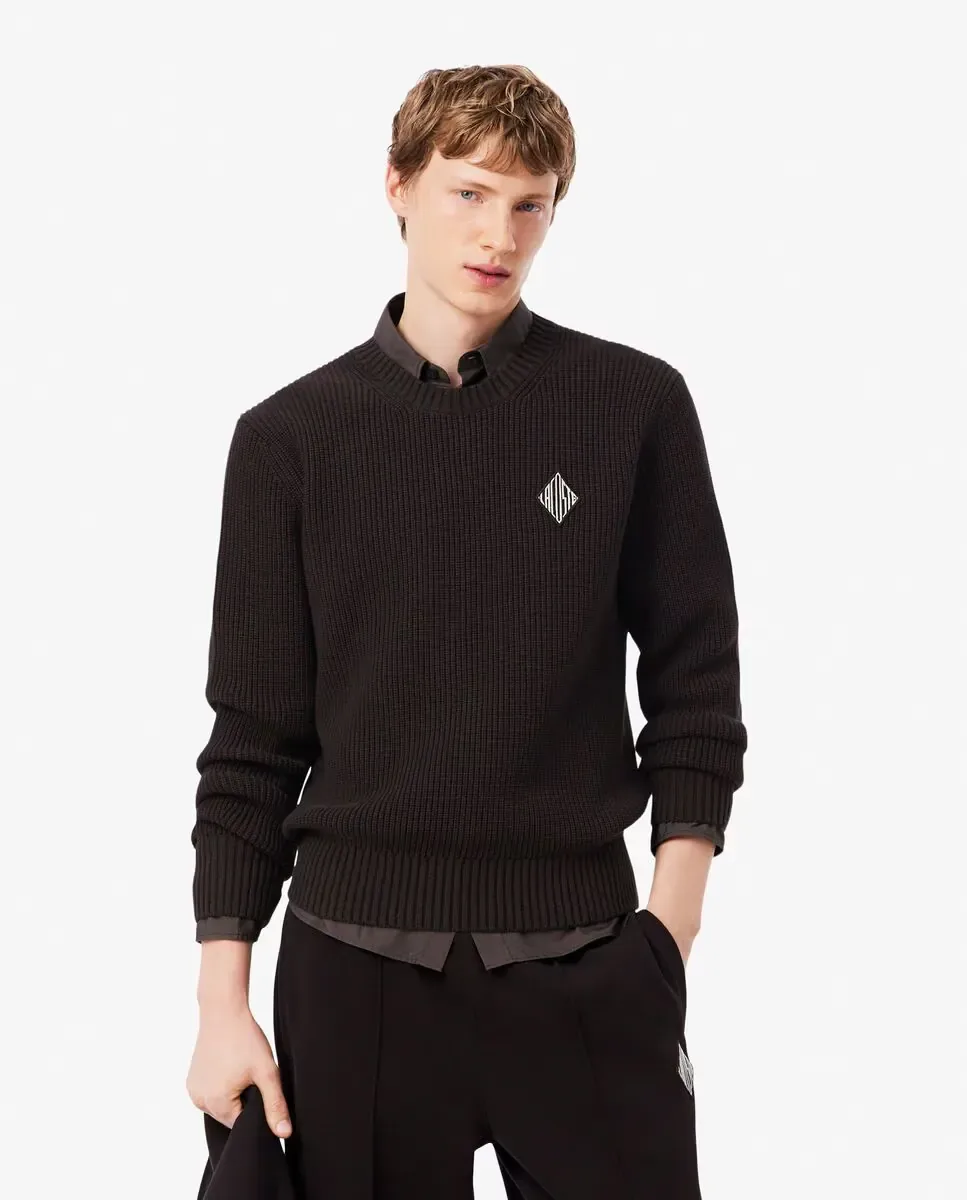 Свитер Lacoste мужской в рубчик с жемчужной вязкой, контрастная нашивка, коричневый