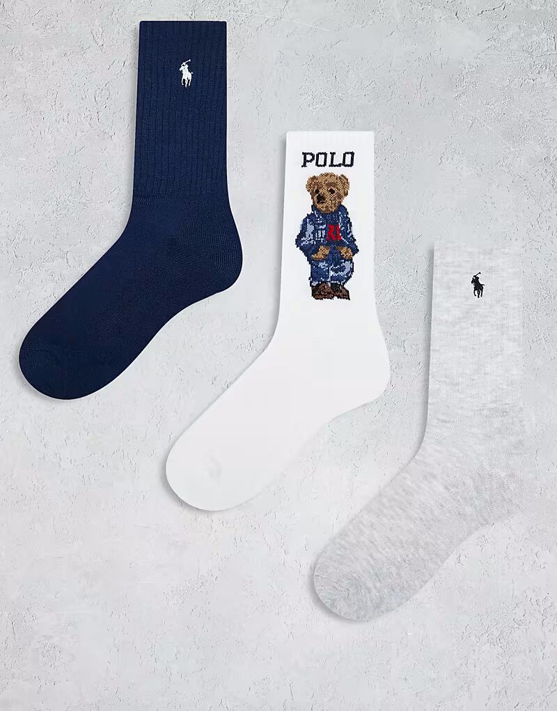 

Polo Ralph Lauren, 3 пары носков с медведем и логотипом в сером, белом и темно-синем цветах