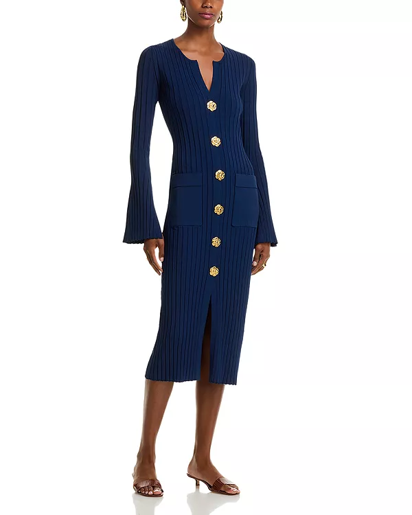 

Платье Aron с V-образным вырезом, пуговицами спереди, облегающее, с длинными рукавами, средней длины, из эластичной ткани. Cara Cara, синий