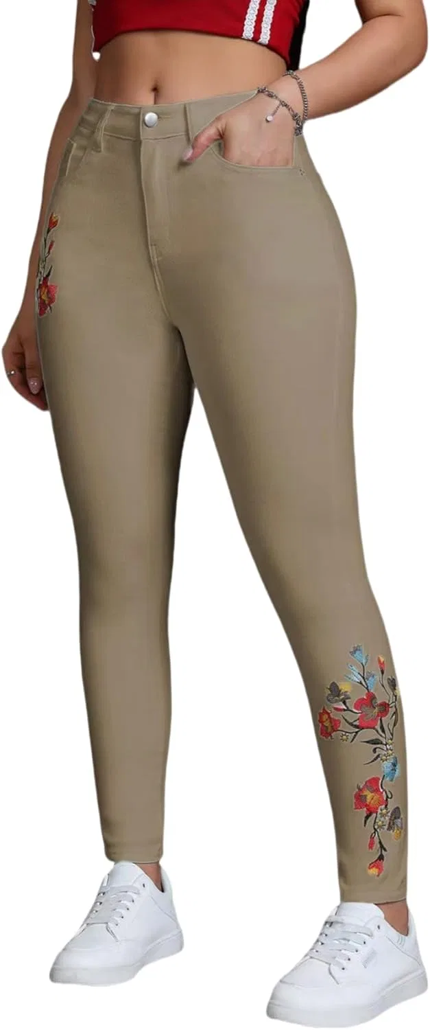 Джинсы с вышивкой, скинни, Khaki