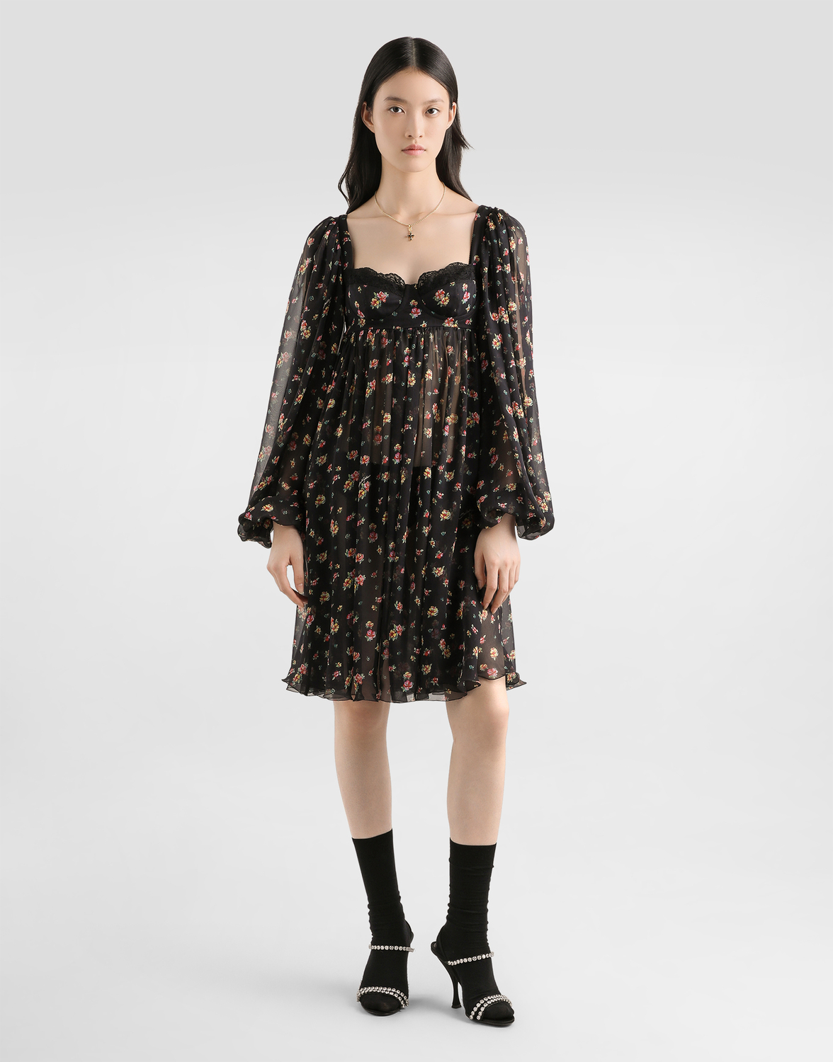 Платье из шифона с мелким цветочным принтом DOLCE & GABBANA, мультиколор — фото 2