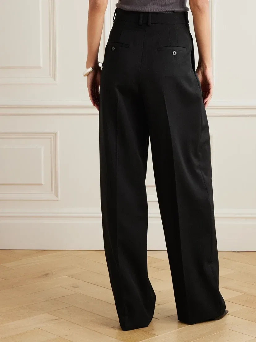 Шерстяные широкие брюки со складками SAINT LAURENT, черный — фото 4