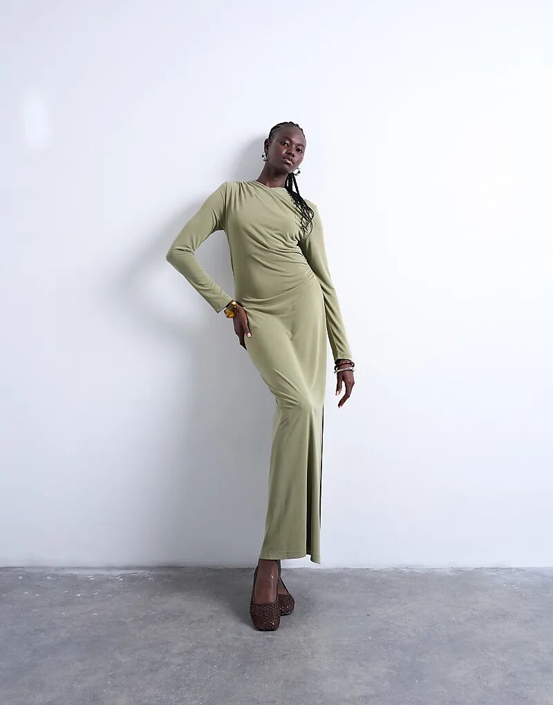 

Платье макси с запахом из купро Topshop цвета хаки