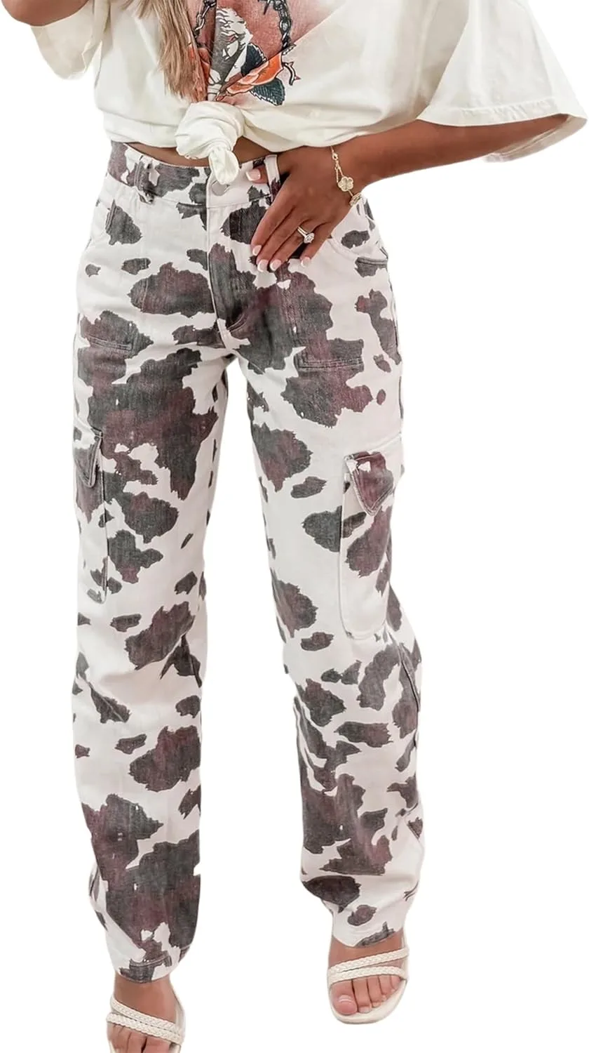 

Женские джинсы с принтом в виде коровьих пятен, высокие, широкие Apvirdy