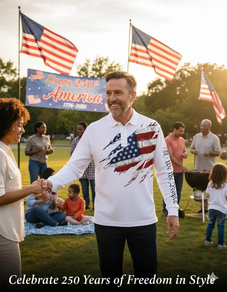 Мужская футболка Polo 250th Anniversary USA, 100% хлопок вафельной ткани, 1776-2026 патриотичный флаг и крест, повседневный топ Generic, белый — фото 2
