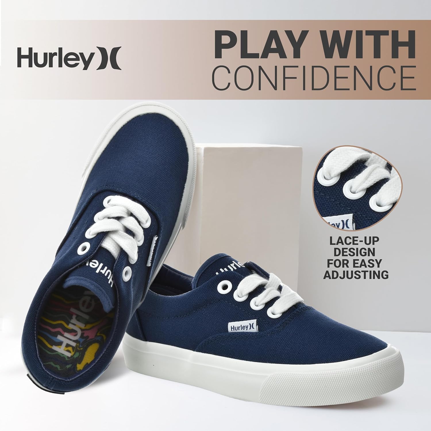 Детские кеды Hurley Marley на шнуровке - низкие кроссовки для скейтбординга для детей, спортивная обувь для мальчиков и девочек, белый/синий/темно-синий — фото 2