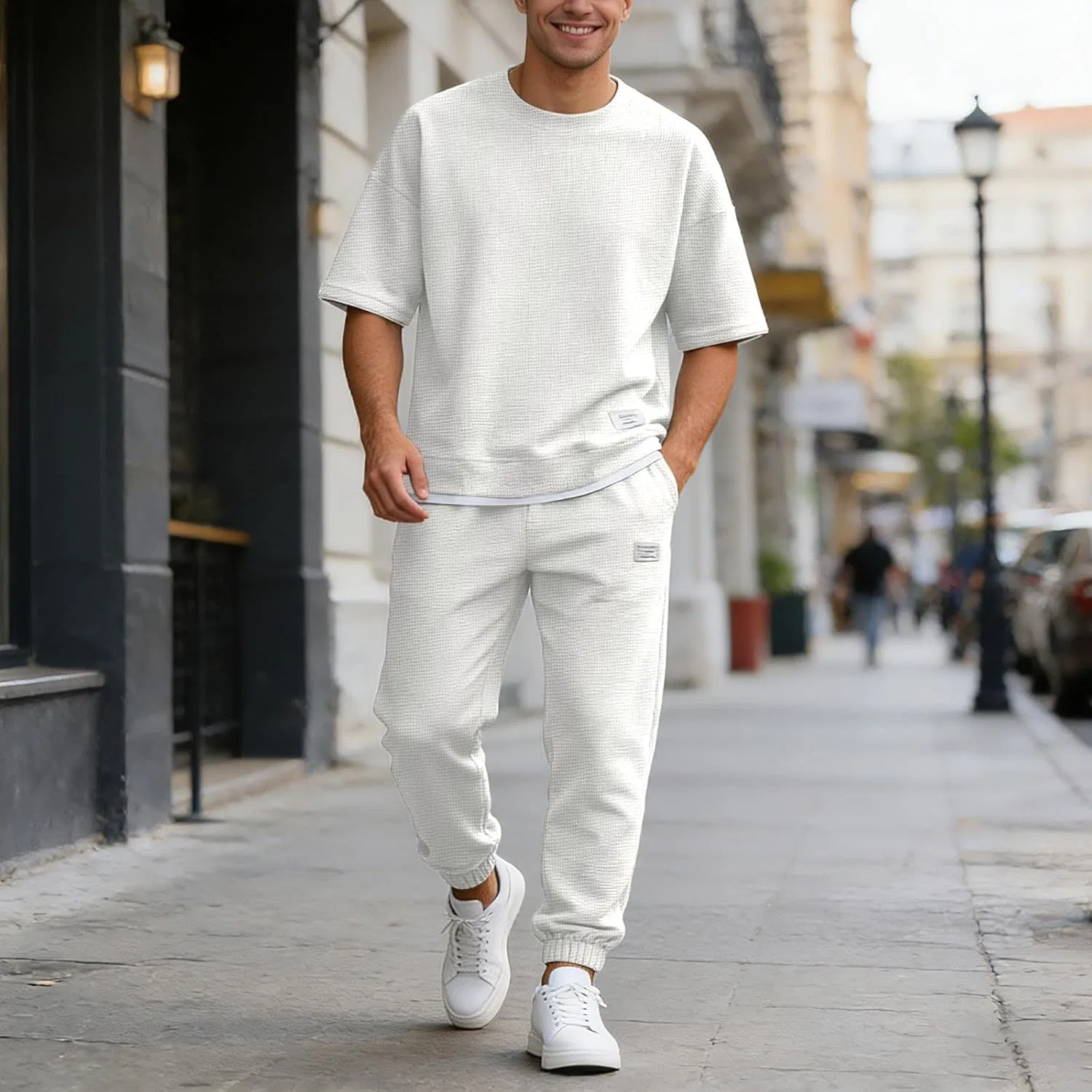 Мужской спортивный костюм из вафельной ткани, 2 предмета, White — фото 3