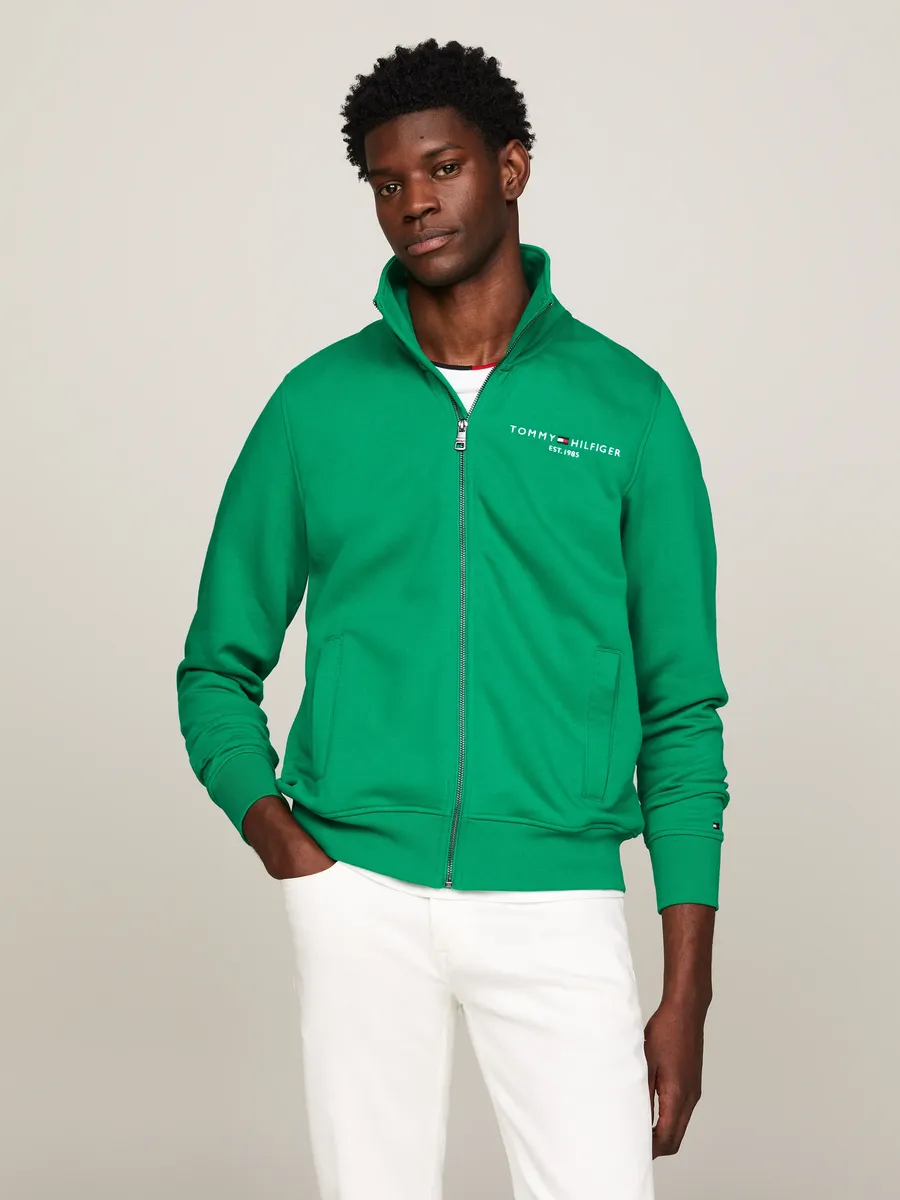 

Свитер Tommy Hilfiger "TOMMY LOGO ZIP THRU STAND COLLAR" с застежкой-молнией и разделенным карманом-кенгуру, зеленый