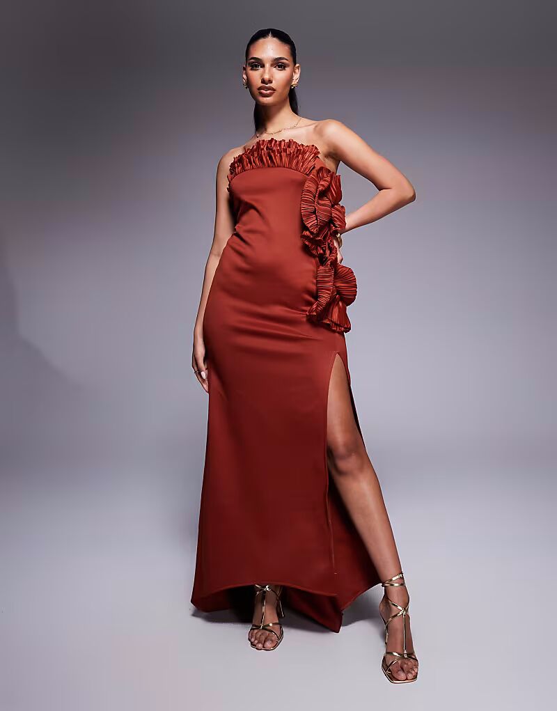 

Платье-бандо макси ASOS DESIGN с плиссированной оборкой в ​​виде веера цвета ржавчины