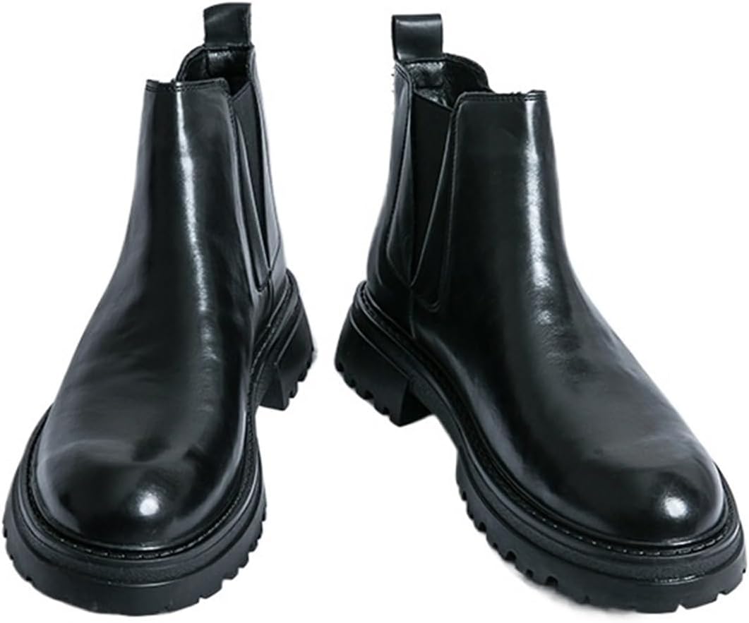 

Мужские кожаные деловые челси-ботинки на платформе с рифленой подошвой, без шнурков, ретро стиль, повседневные высокие ботинки с круглыми носками, эластичные ботинки до щиколотки, удобные, нескользящие, нарядные ботинки для мужчин Generic, черны...