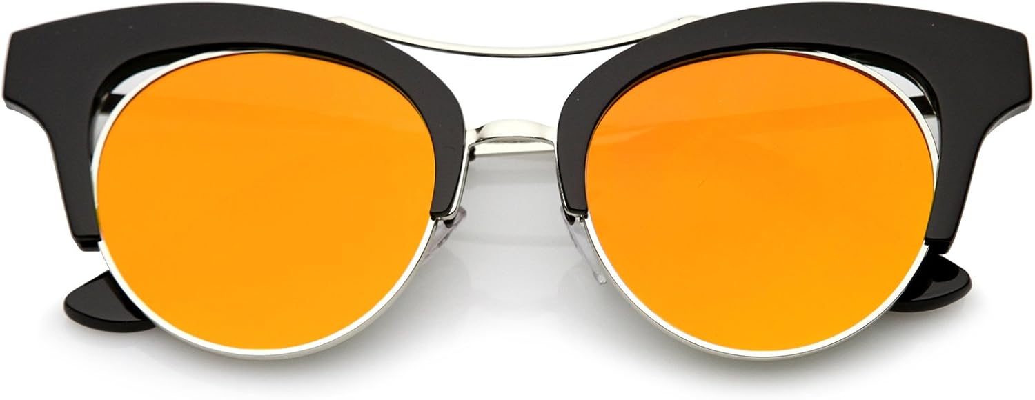 

zeroUV - Женские солнцезащитные очки с увеличенными линзами, оправой над переносицей, зеркальными линзами, круглыми плоскими линзами, в форме «кошачьего глаза», диаметр линзы 51 мм, Black-silver / Orange Mirror
