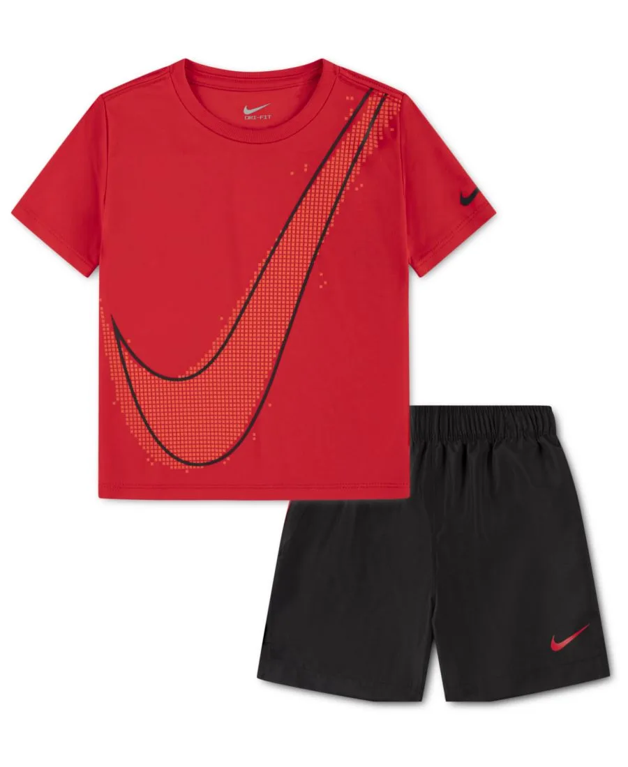Детский комплект для мальчиков 2T-4T: футболка с круглым вырезом Dri-FIT и тканые шорты Nike, черный/красный