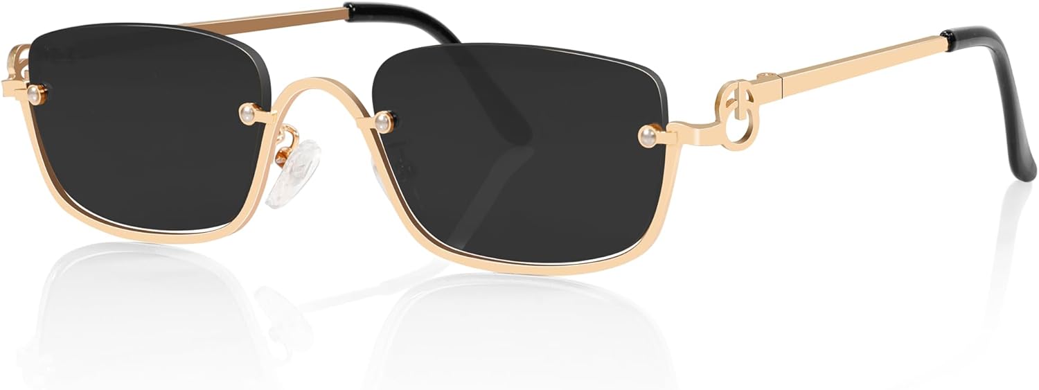 

Ретро-солнцезащитные очки Y2k для женщин и мужчин, модные полуободковые солнцезащитные очки неправильной формы, узкие, золотистого цвета, с защитой от УФ-излучения UV400 TYA, Gold Frame - Black Lens