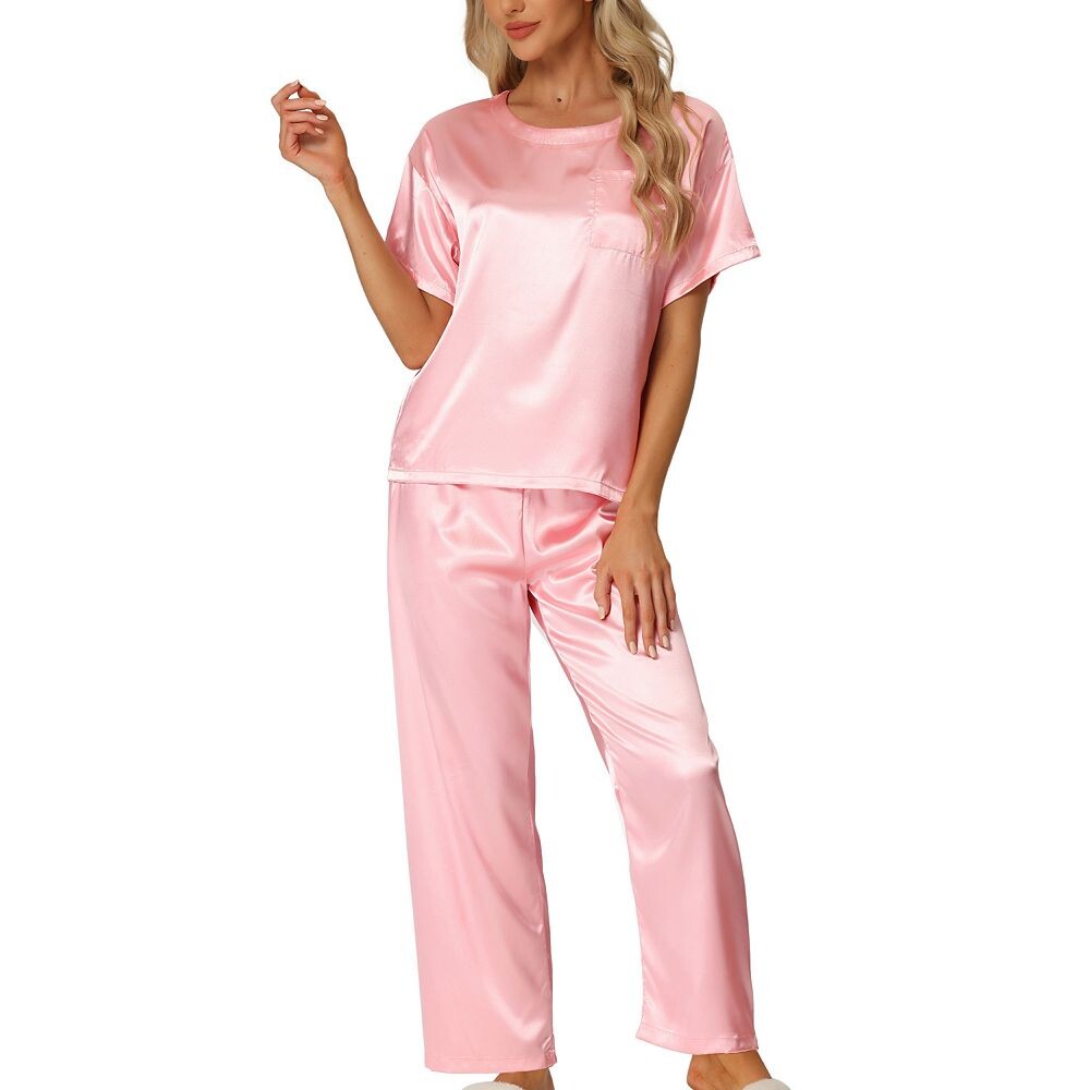 

Женские атласные пижамы, летние наряды, топы с короткими рукавами и брюки, шелковистые комплекты для отдыха Cheibear, розовый