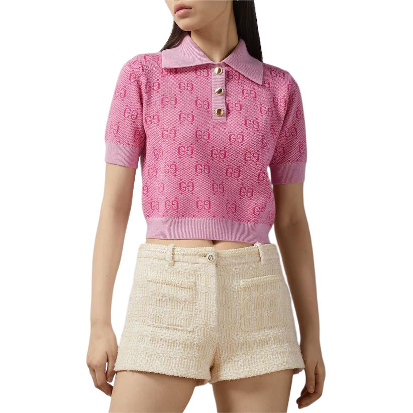 Поло (WMNS) Gucci GG Wool Jacquard Polo Shirt 'Pink' — фото 2
