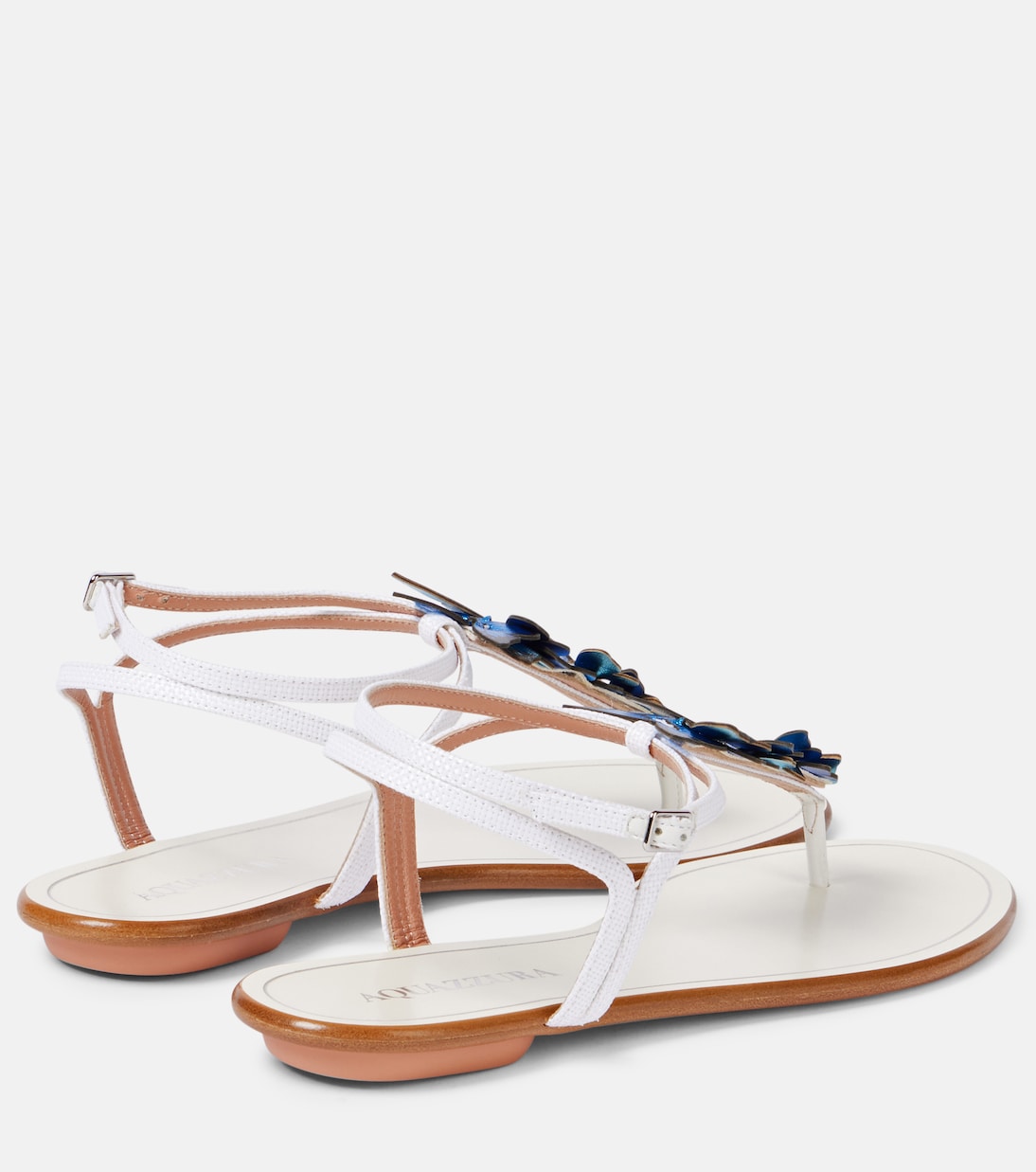 Папийон сандалии из холста с кожаной отделкой Aquazzura, White/Multi Blue — фото 2