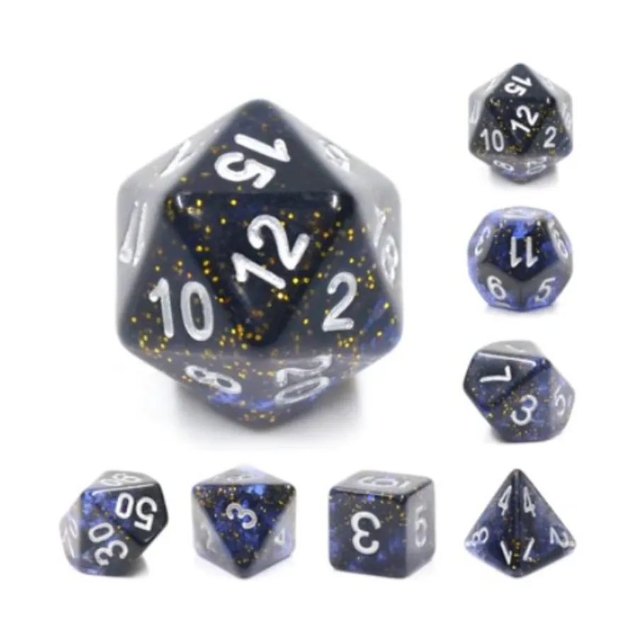 

Набор Poly — ясное ночное небо с серебром (7), Dice Sets - Resin/Acrylic - Blue, Green, & Purple (Foam Brain Games)